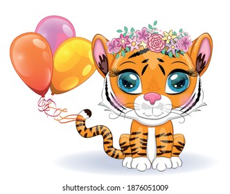 Cute cartoon tiger with beautiful eyes, bright, orange with balloons, greeting card