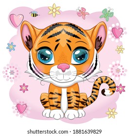 Cute cartoon tiger with beautiful eyes, bright, orange among flowers, hearts, greeting card.