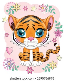 Cute cartoon tiger with beautiful eyes, bright, orange among flowers, hearts, greeting card.