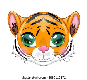 Cute cartoon tiger with beautiful eyes, bright, orange among flowers, hearts, greeting card.