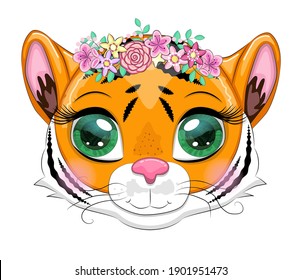 Cute cartoon tiger with beautiful eyes, bright, orange among flowers, hearts, greeting card.
