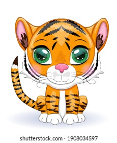 Cute cartoon tiger with beautiful eyes, bright, orange among flowers, hearts, greeting card.