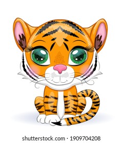 Cute cartoon tiger with beautiful eyes, bright, orange among flowers, hearts, greeting card.