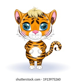 Cute cartoon tiger with beautiful eyes, bright, orange. Illustrations for Chinese New Year 2022, year of the Tiger. Lunar new year 2022.