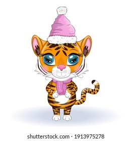 Cute cartoon tiger with beautiful eyes in a hat and scarf, winter 2022. Chinese New Year 2022, the Year of the Tiger.