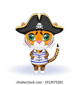 Cute cartoon tiger with beautiful eyes in the image of a pirate. Illustrations for Chinese New Year 2022, Year of the Tiger. Lunar new year 2022.