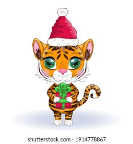 Cute cartoon tiger with beautiful eyes, bright, orange with a gift in a santa hat. Illustrations for Chinese New Year 2022, Year of the Tiger. Lunar new year 2022.