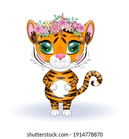 Cute cartoon tiger with beautiful eyes, bright, orange among flowers, hearts, greeting card. Illustrations for Chinese New Year 2022, year of the Tiger. Lunar new year 2022.