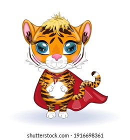 Cute cartoon tiger with beautiful eyes, orange in a red cloak, super hero.