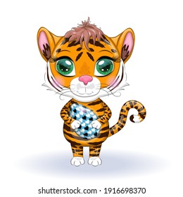 Cute cartoon tiger with beautiful eyes, orange with Easter egg. Tiger - Easter bunny concept. Chinese New Year 2022, Year of the Tiger.