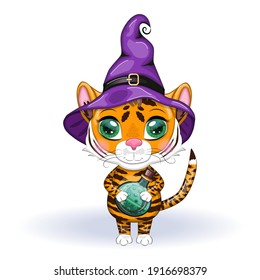 Cute cartoon tiger with beautiful eyes, orange in a purple cloak and a witch's hat, with a potion. Halloween 2022.