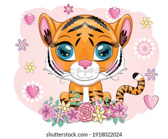 Cute cartoon tiger with beautiful eyes, bright, orange among flowers, hearts, greeting card.