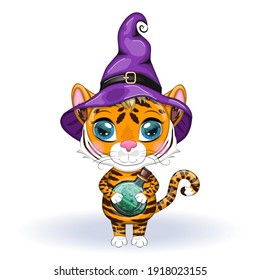 Cute cartoon tiger with beautiful eyes, orange in a purple cloak and a witch's hat, with a potion. Halloween 2022.