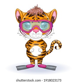 Cute cartoon tiger with beautiful eyes in flippers and water glasses. Chinese New Year 2022, Christmas Year of the Tiger. Lunar new year 2022.