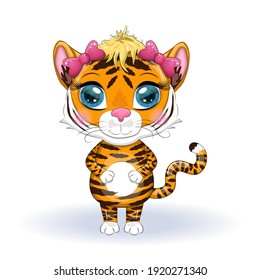 Cute cartoon tiger with beautiful eyes, bright, orange among flowers, hearts, greeting card. Illustrations for Chinese New Year 2022, year of the Tiger. Lunar new year 2022.