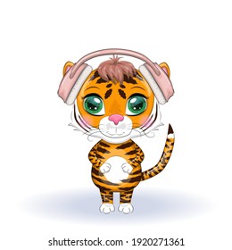 Cute cartoon tiger with beautiful eyes in headphones, love of music. Illustrations for Chinese New Year 2022, Year of the Tiger. Lunar new year 2022