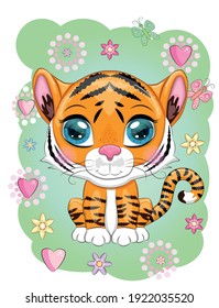 Cute cartoon tiger with beautiful eyes, bright, orange among flowers, hearts, greeting card.