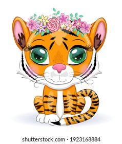 Cute cartoon tiger with beautiful eyes, bright, orange among flowers, hearts, greeting card.