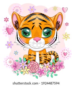 Cute cartoon tiger with beautiful eyes, bright, orange among flowers, hearts, greeting card.