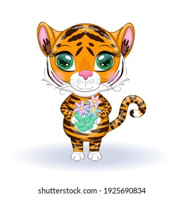 Cute cartoon tiger with beautiful eyes, bright, orange among flowers, hearts, greeting card. Illustrations for Chinese New Year 2022, year of the Tiger. Lunar new year 2022.