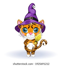 Cute cartoon tiger with beautiful eyes, orange in a purple cloak and witch's hat, with a broom and pumpkins. Halloween 2022.