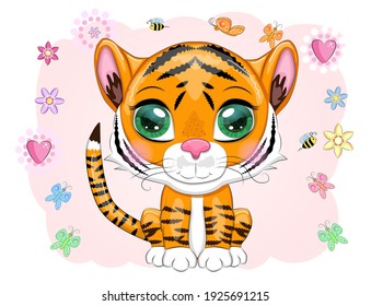 Cute cartoon tiger with beautiful eyes, bright, orange among flowers, hearts, greeting card.