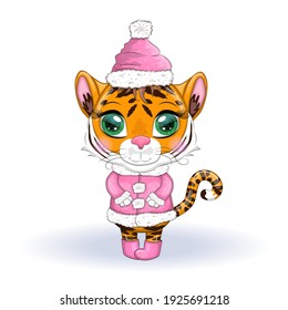 Cute cartoon tiger with beautiful eyes in a hat and fur coat, winter 2022. Chinese New Year 2022, Christmas Year of the Tiger. Lunar new year 2022.