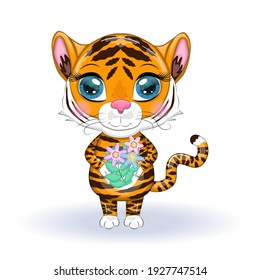Cute cartoon tiger with beautiful eyes, bright, orange among flowers, hearts, greeting card. Illustrations for Chinese New Year 2022, year of the Tiger. Lunar new year 2022.