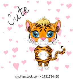 Cute cartoon tiger with beautiful eyes, bright, orange. Illustrations for Chinese New Year 2022, year of the Tiger. Lunar new year 2022.