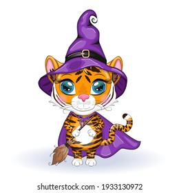 Cute cartoon tiger with beautiful eyes, orange in a purple cloak and witch's hat, with a broom and pumpkins. Halloween 2022.