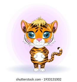 Cute cartoon tiger with beautiful eyes, bright, orange. Illustrations for Chinese New Year 2022, year of the Tiger. Lunar new year 2022.