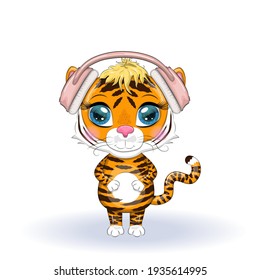 Cute cartoon tiger with beautiful eyes in headphones, love of music. Illustrations for Chinese New Year 2022, Year of the Tiger. Lunar new year 2022