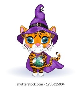 Cute cartoon tiger with beautiful eyes, orange in a purple cloak and a witch's hat, with a potion. Halloween 2022.