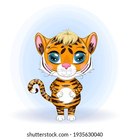 Cute cartoon tiger with beautiful eyes, bright, orange. Illustrations for Chinese New Year 2022, year of the Tiger. Lunar new year 2022.