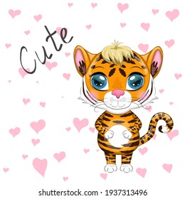 Cute cartoon tiger with beautiful eyes, bright, orange. Illustrations for Chinese New Year 2022, year of the Tiger. Lunar new year 2022.