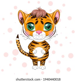 Cute cartoon tiger with beautiful eyes, bright, orange. Illustrations for Chinese New Year 2022, year of the Tiger. Lunar new year 2022.