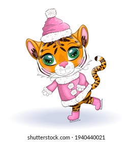 Cute cartoon tiger with beautiful eyes in a hat and fur coat, ice skating, winter 2022. Chinese New Year 2022, Christmas year of the Tiger. Lunar new year 2022.