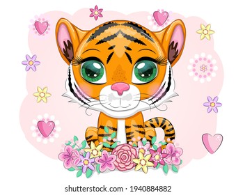 Cute cartoon tiger with beautiful eyes, bright, orange among flowers, hearts, greeting card.