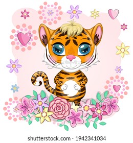 Cute cartoon tiger with beautiful eyes, bright, orange. Illustrations for Chinese New Year 2022, year of the Tiger. Lunar new year 2022.