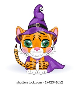 Cute cartoon tiger with beautiful eyes, orange in a purple witch's hat and cloak. Halloween 2022.