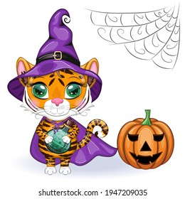 Cute cartoon tiger with beautiful eyes, orange in a purple cloak and a witch's hat, with a potion. Halloween 2022.