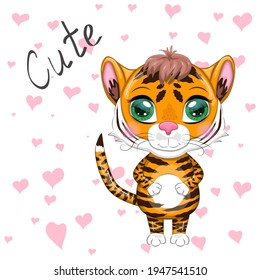 Cute cartoon tiger with beautiful eyes, bright, orange. Illustrations for Chinese New Year 2022, year of the Tiger. Lunar new year 2022.