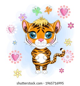 Cute cartoon tiger with beautiful eyes, bright, orange. Illustrations for Chinese New Year 2022, year of the Tiger. Lunar new year 2022.