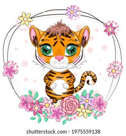 Cute cartoon tiger with beautiful eyes, bright, orange. Illustrations for Chinese New Year 2022, year of the Tiger. Lunar new year 2022.