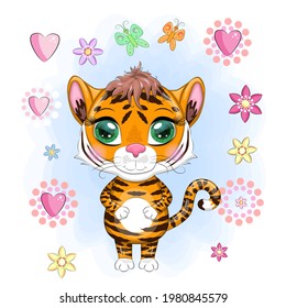 Cute cartoon tiger with beautiful eyes, bright, orange. Illustrations for Chinese New Year 2022, year of the Tiger. Lunar new year 2022.