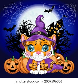 Cute cartoon tiger with beautiful eyes, orange in a purple cloak and witch's hat, with a castle and pumpkins. Halloween 2022.