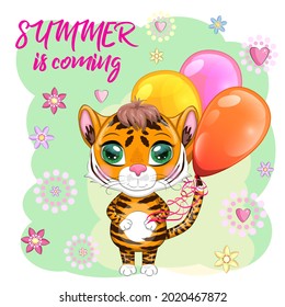Cute cartoon tiger with beautiful eyes with balloons, greeting card. Summer is coming. Chinese New Year 2022, Christmas