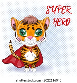 Cute cartoon tiger with beautiful eyes, orange in a red cloak, super hero.