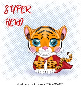 Cute cartoon tiger with beautiful eyes, orange in a red cloak, super hero.