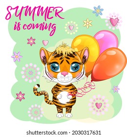 Cute cartoon tiger with beautiful eyes with balloons, greeting card. Summer is coming. Chinese New Year 2022, Christmas